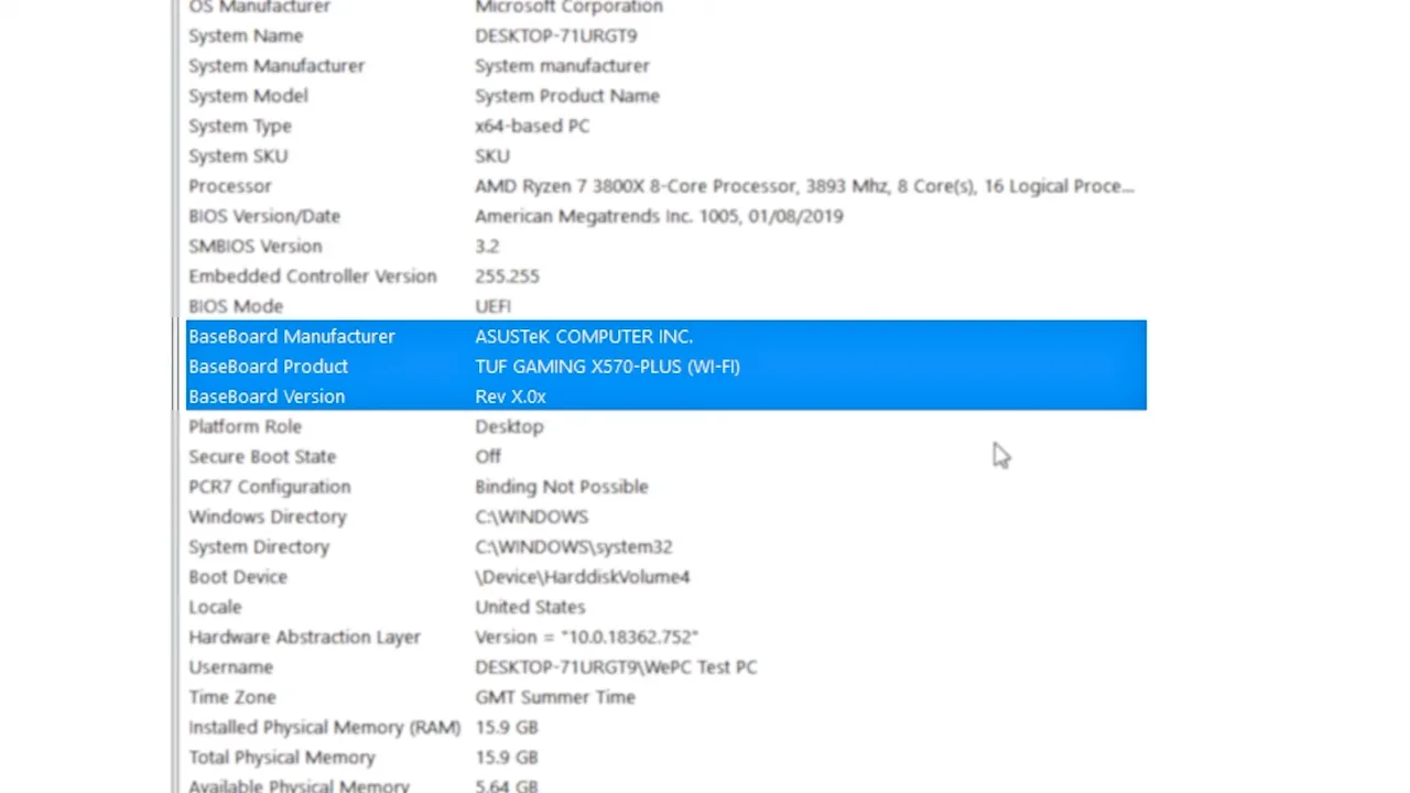 Windows System Information Showing Motherboard Details